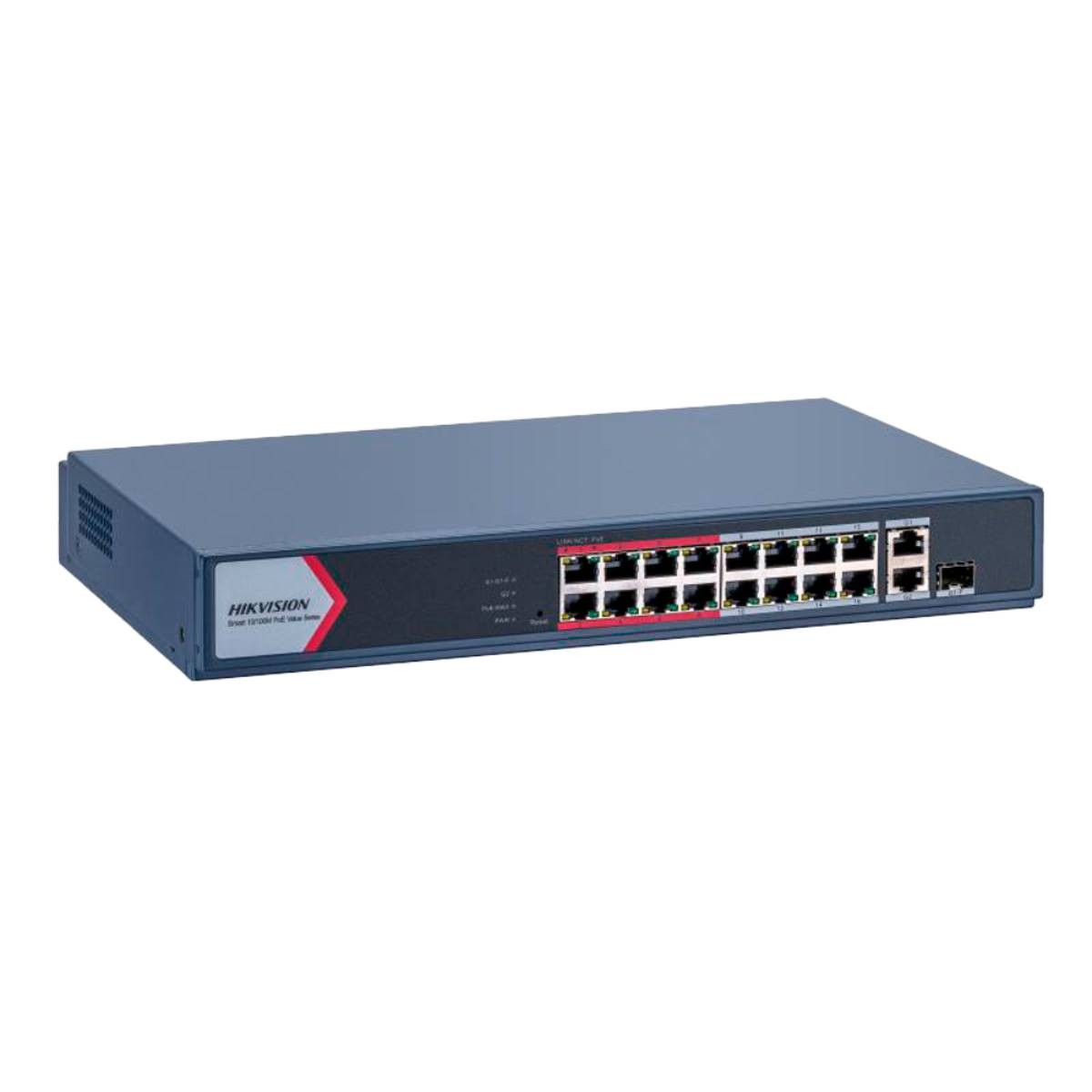 Switch di rete blu-grigio con porte, logo HIKVISION e indicatori LED.