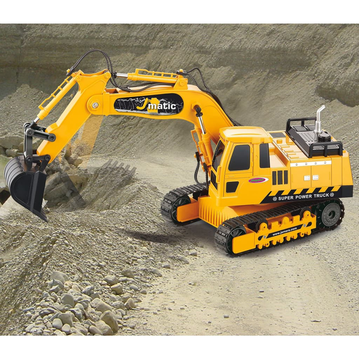 Yellow toy excavator on a sand-like surface. The words 'SUPER POWER TRUCK' are visible.