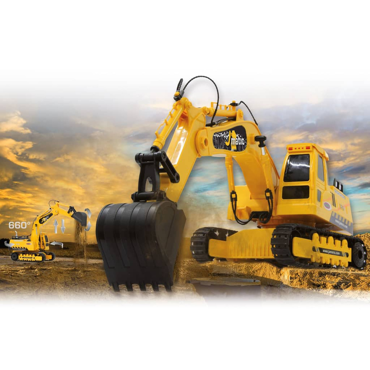 Yellow toy excavator working with a small excavator in the background. Cloudy sky.