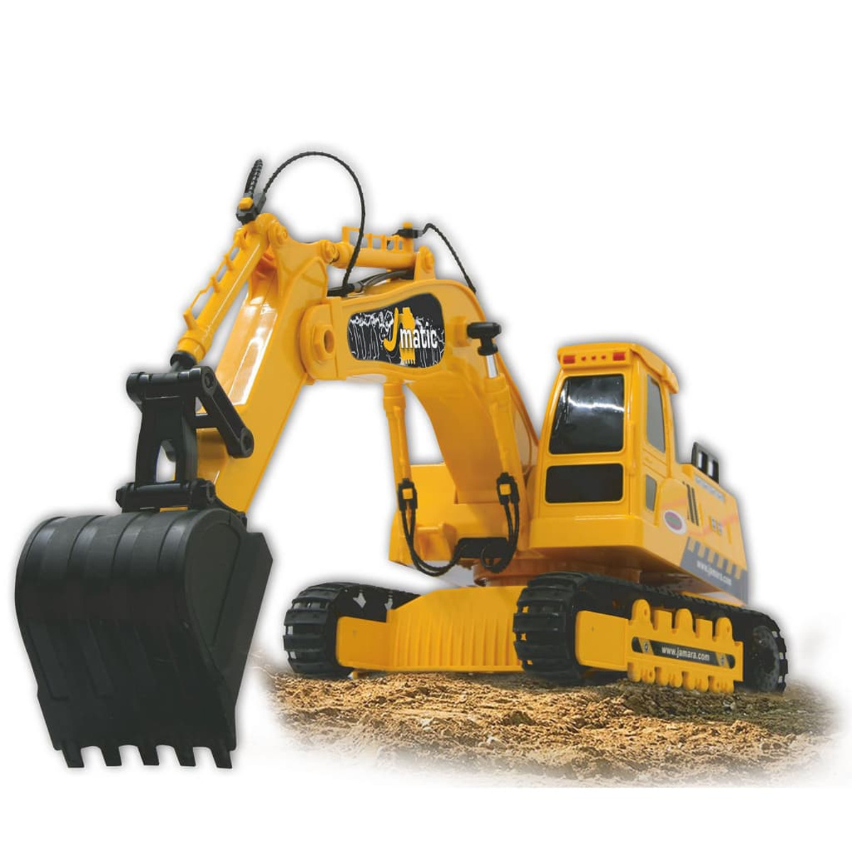 Yellow toy excavator with a black bucket, on a sand-like surface, and the brand name 'matic'.