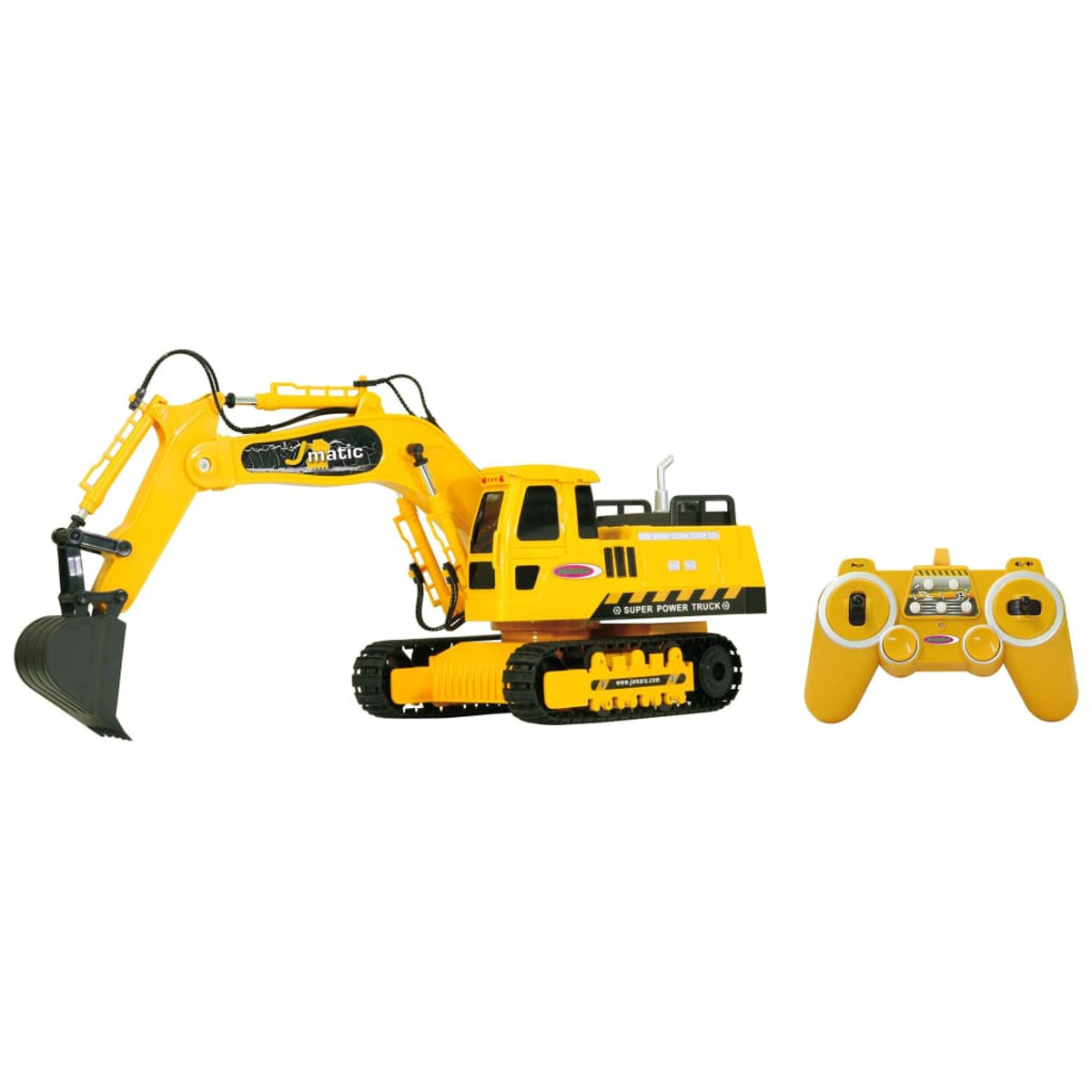 Yellow toy excavator with a remote control. White background.