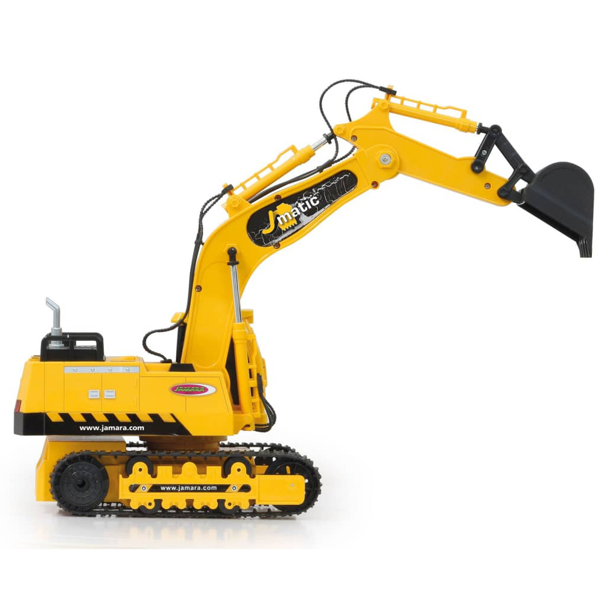 Yellow toy excavator with a black bucket, track, and the brand name 'jamara'.
