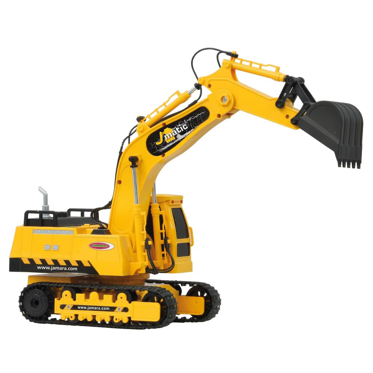 Yellow toy excavator on a white background, viewed from the side.
