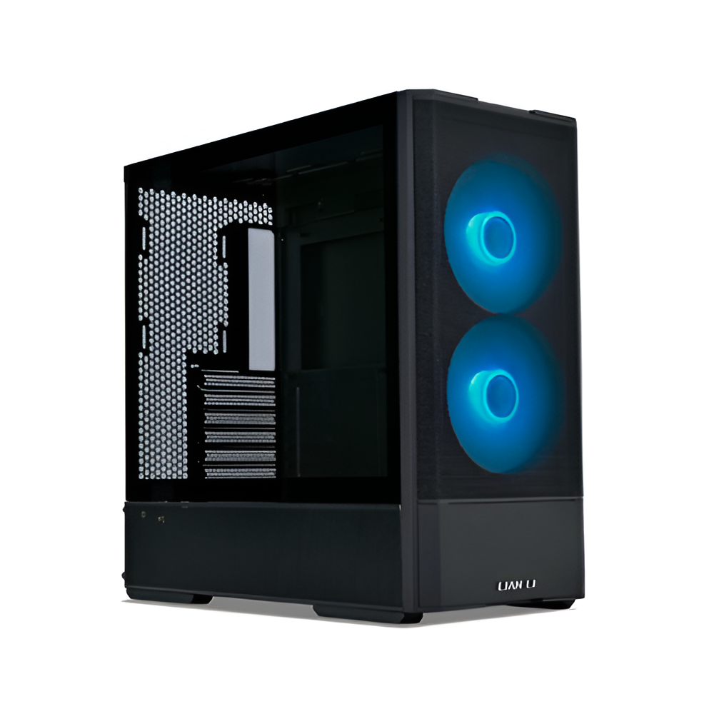 Schwarzes Computergehäuse mit transparentem Seitenteil und zwei blau beleuchteten Lüftern.