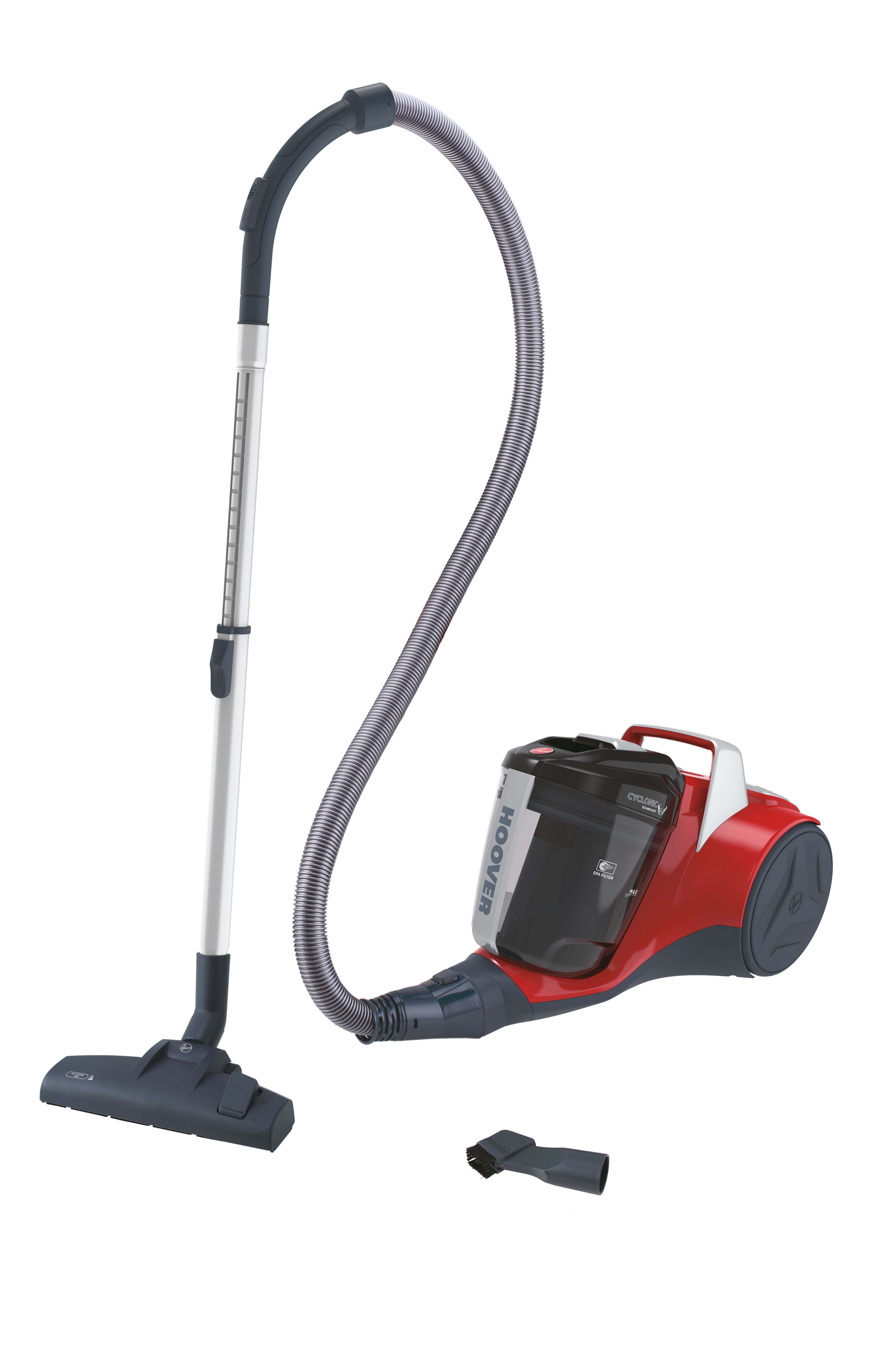 Czerwony i biały odkurzacz Hoover z wężem, stojący na białej powierzchni.