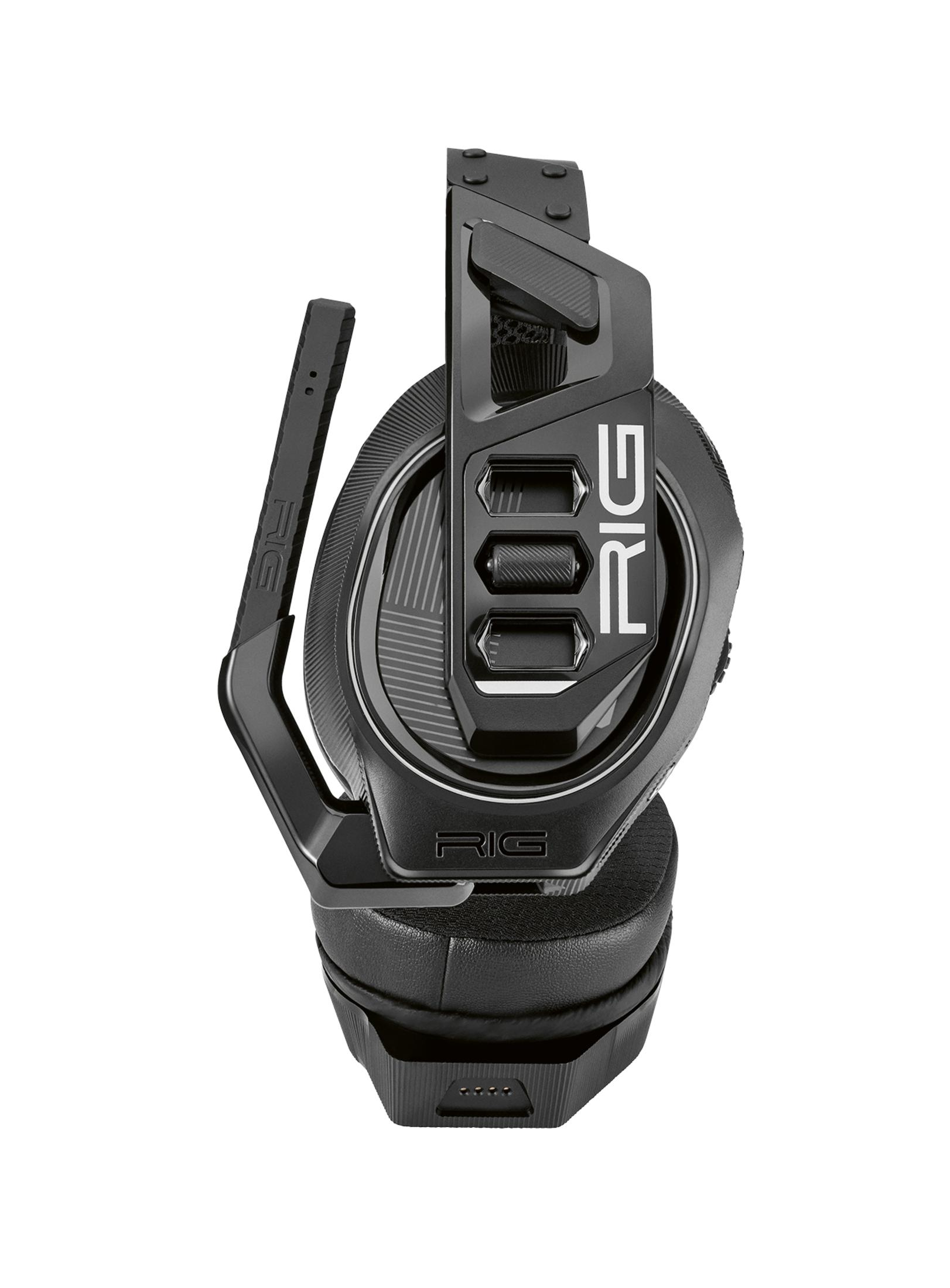 Czarny i szary zestaw słuchawkowy dla graczy z mikrofonem, widok z prawej strony, na białym tle. Widoczne logo RIG.