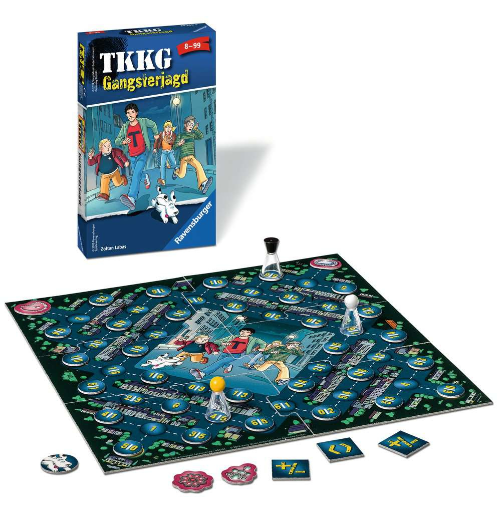 Brettspiel mit Schachtel und Spielsteinen. TKKG Gangsterjagd Thema.