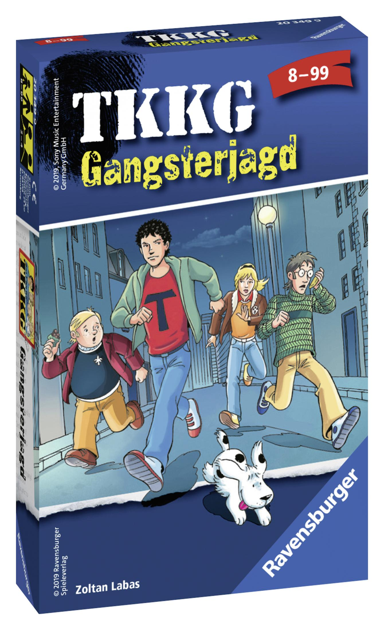 Box-Art für TKKG Gangsterjagd, mit Cartoon-Illustrationen von Teenagern, die nachts vor einem Hund fliehen.