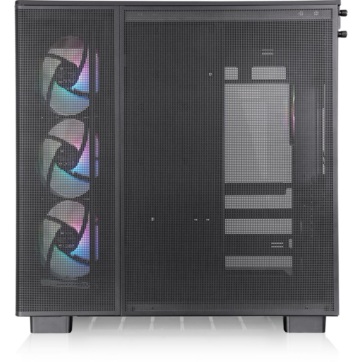 Black computer case with mesh front, side and a glass panel on white.