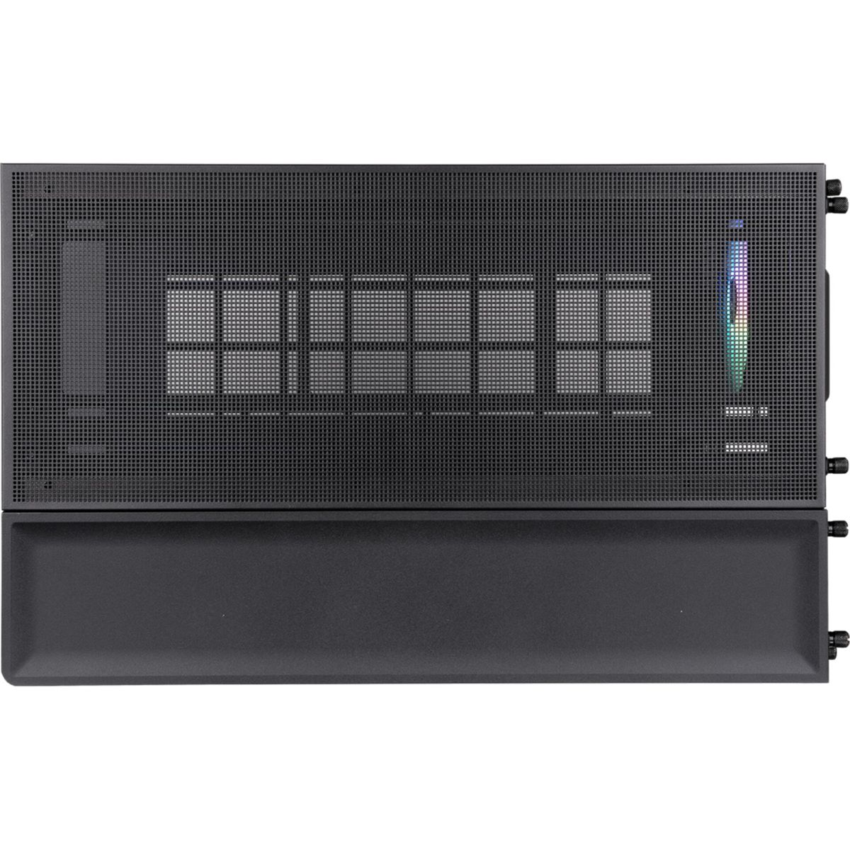 Top view of a black computer case with a mesh top and a black front panel.