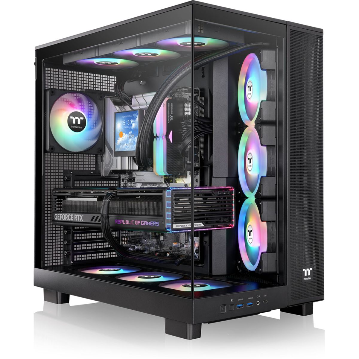 A black computer case with glass side panel, with internal components illuminated by RGB lights. Full view.