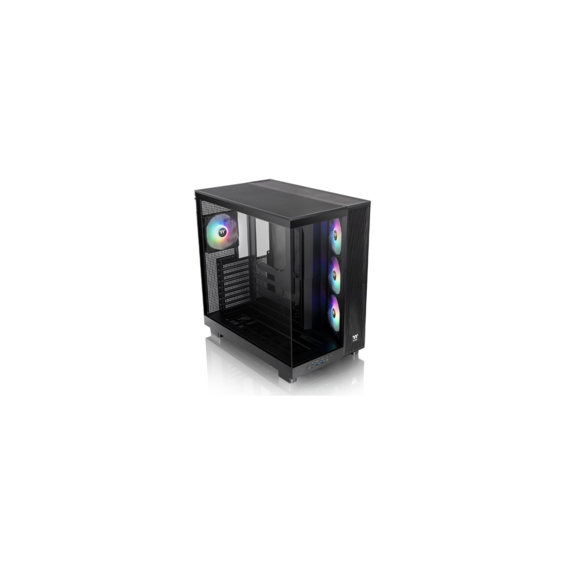 Black computer case with glass side panel and illuminated fans.
