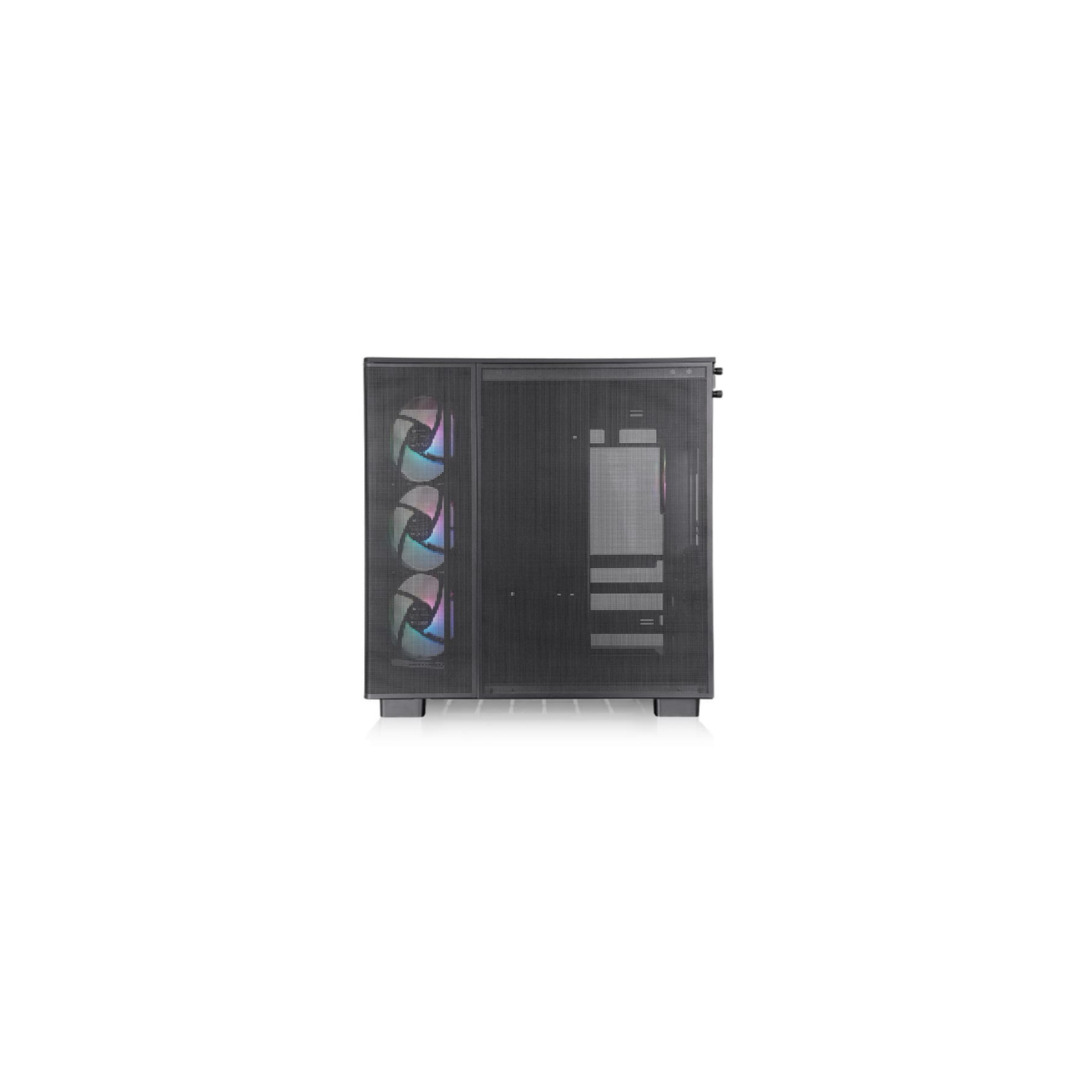 Black computer case with a glass side, showing three RGB fans. Isolated on white background.