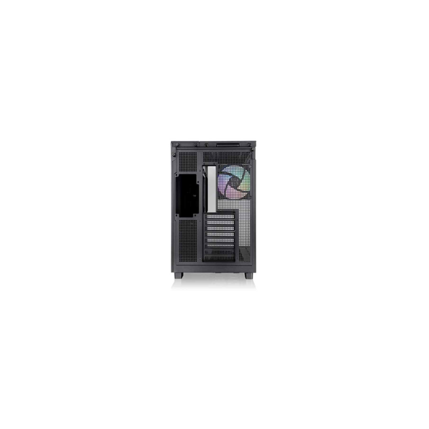 Open black computer case with colorful fan visible in the back.