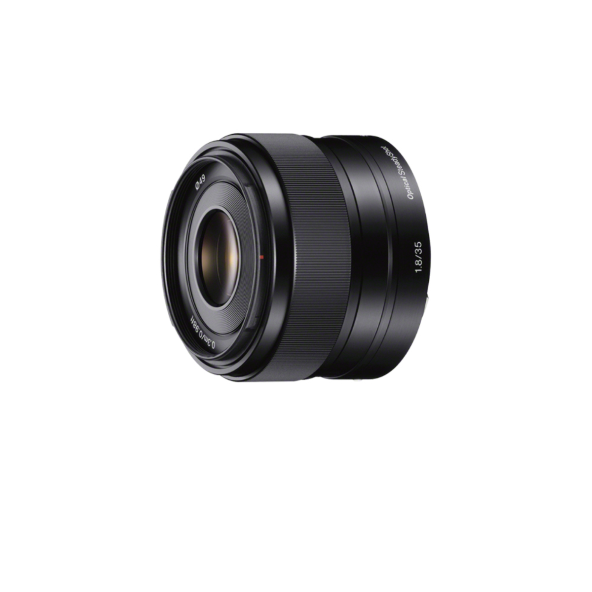Schwarzes Kameraobjektiv mit '18/35' und 'Optical SteadyShot'.