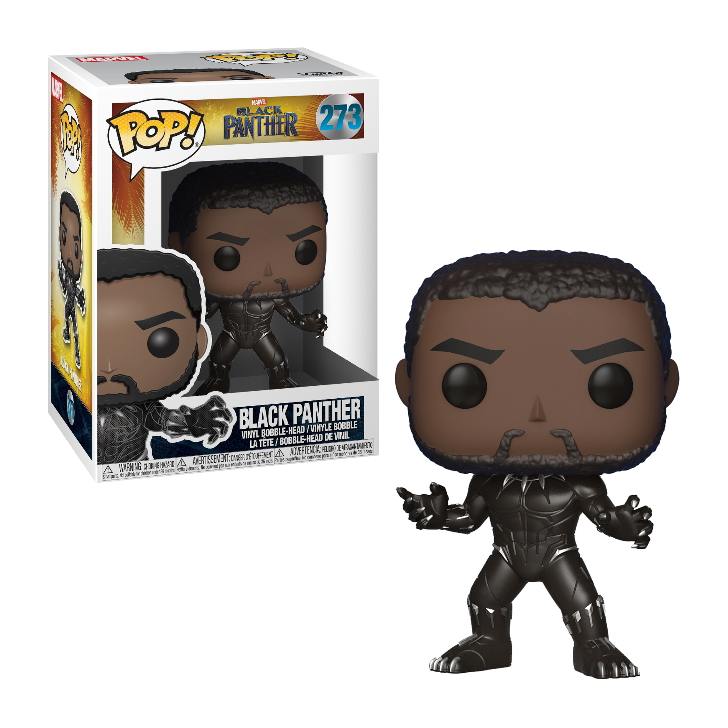 Figurka Black Panther Funko Pop w pudełku z figurką i grafiką pudełka po lewej.