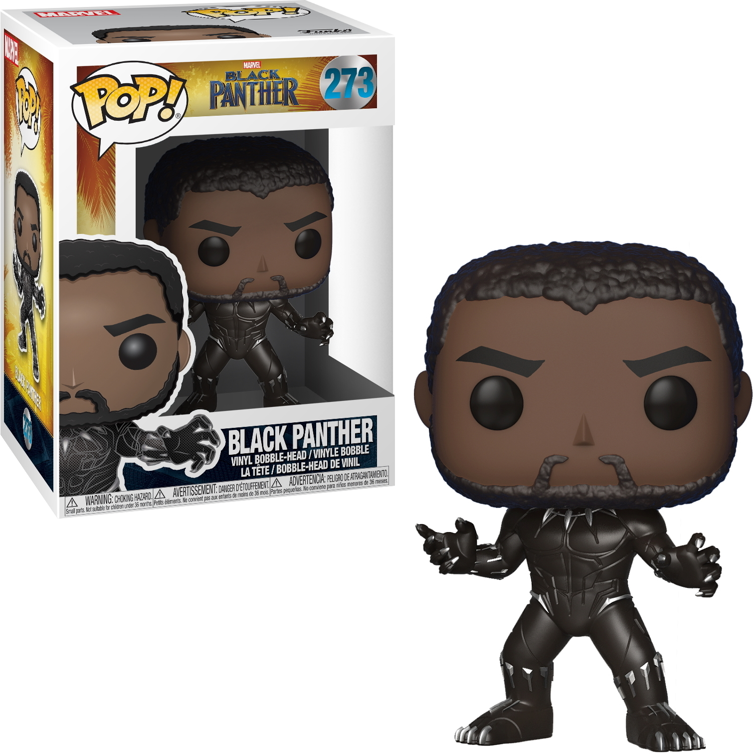 Figurka Black Panther Funko Pop, stojąca z wyciągniętymi ramionami, białe tło.