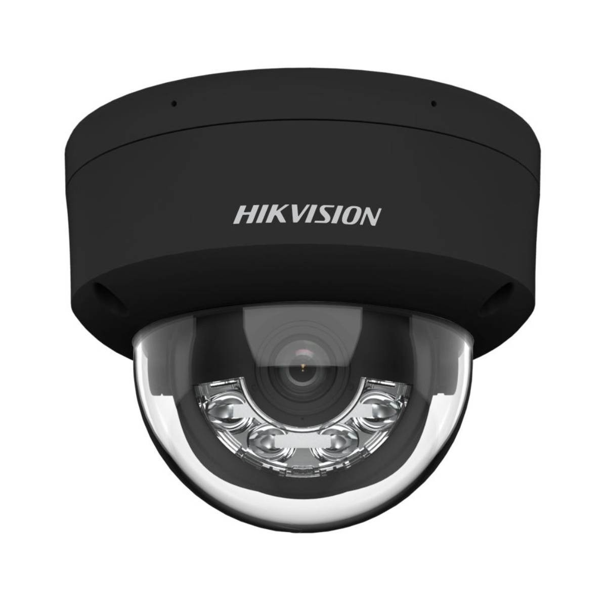 Zwarte bewakingscamera met 'HIKVISION'-logo, koepelvormig, op een wit oppervlak.