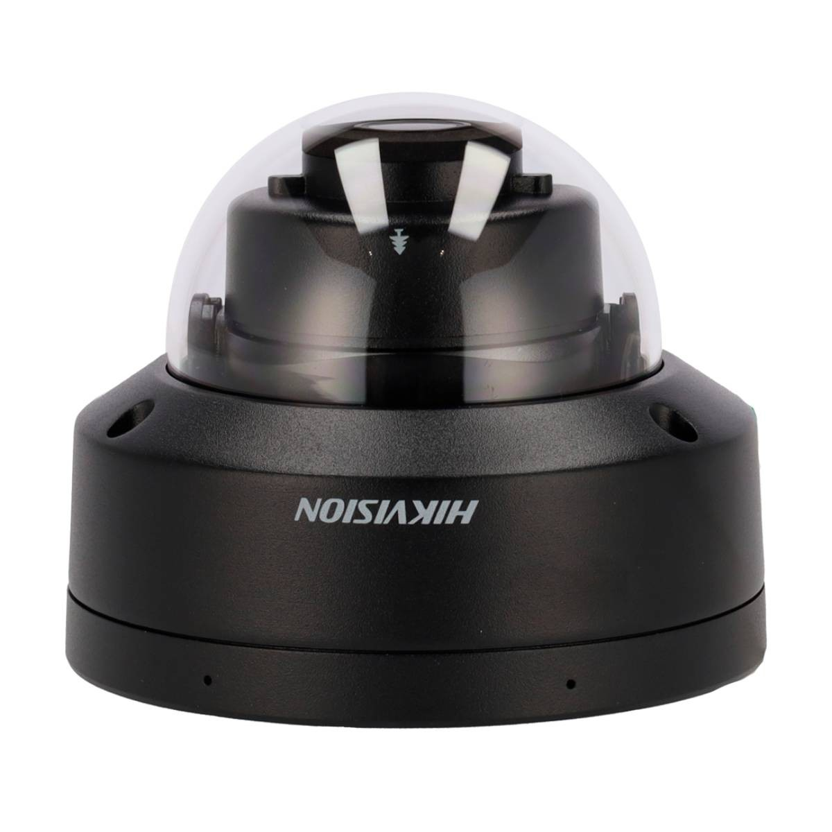 Zwarte beveiligingscamera met een transparante koepel, merk 'HIKVISION'.