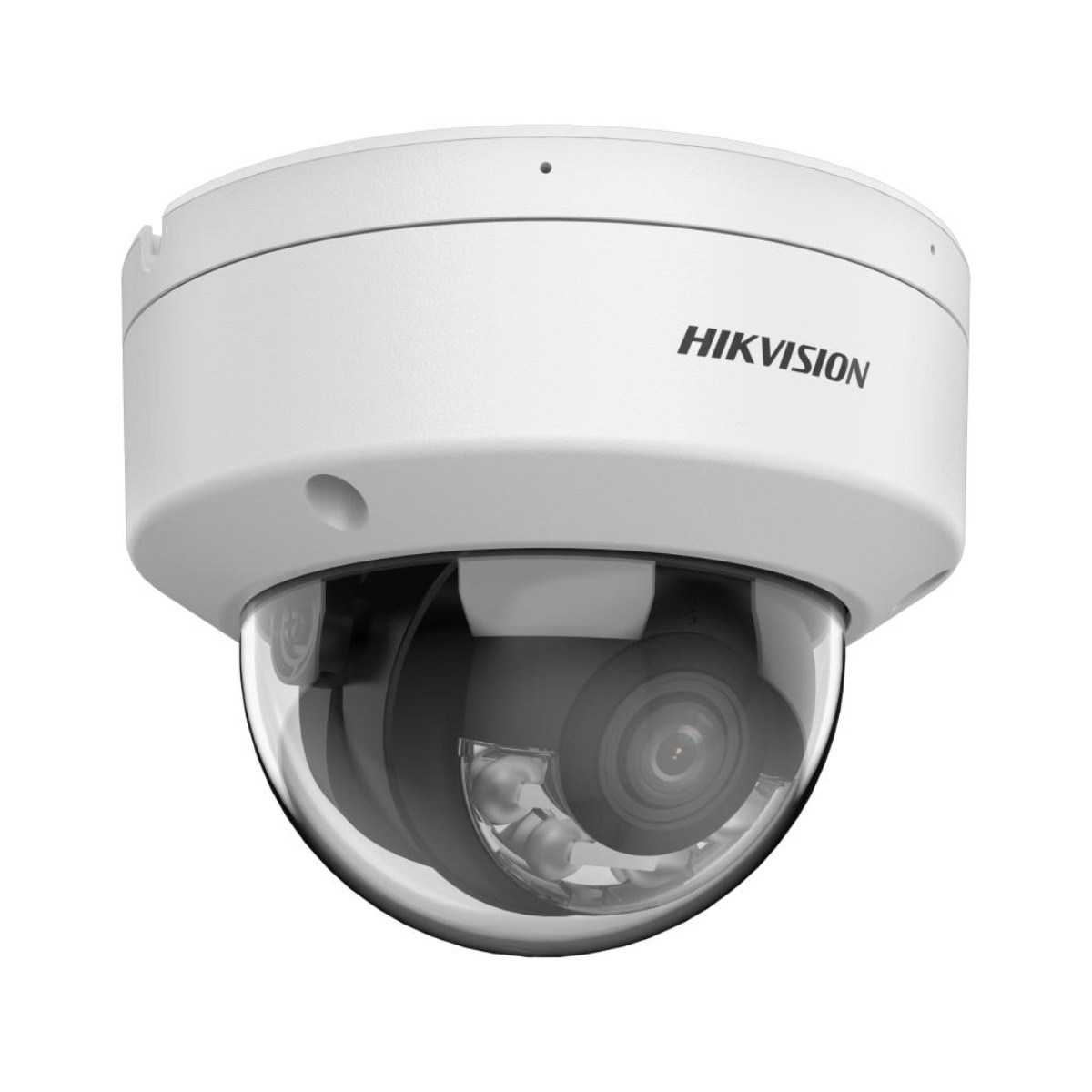 Biała kamera kopułkowa Hikvision z przezroczystym obiektywem, na białym tle.