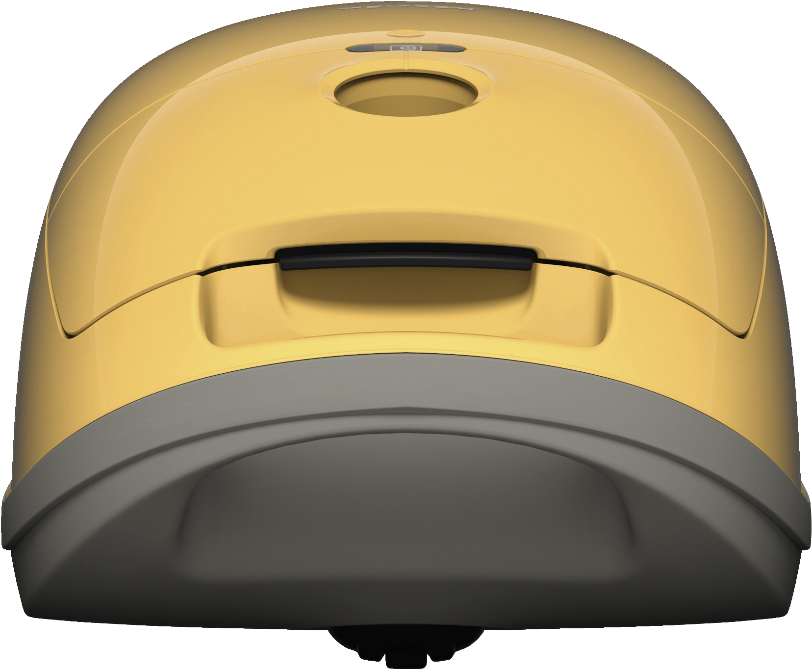 Żółty odkurzacz, widok z góry. Szara podstawa, uchwyt i otwór na górze.