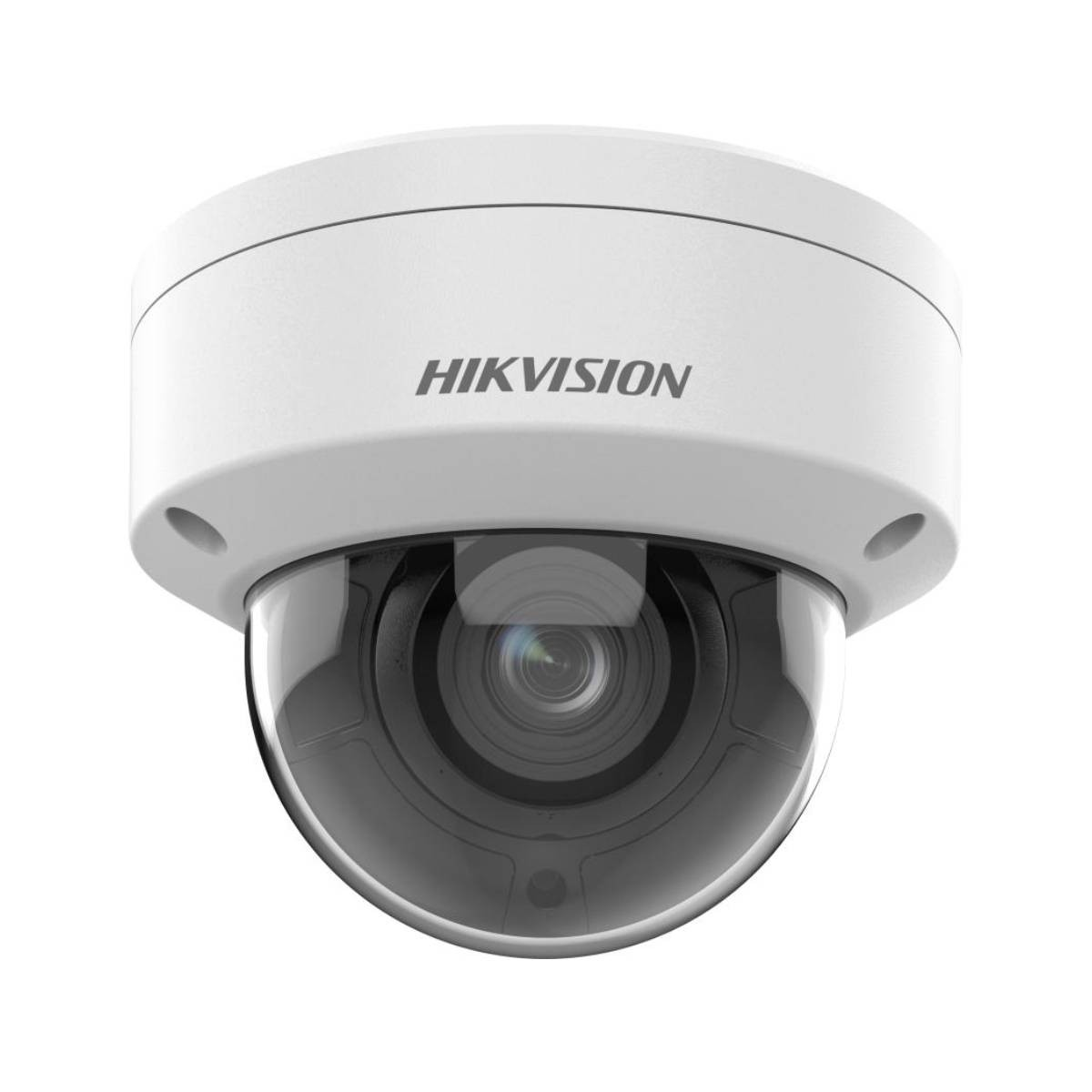 Biała kamera bezpieczeństwa Hikvision ze szklaną kopułą i nazwą marki z przodu.