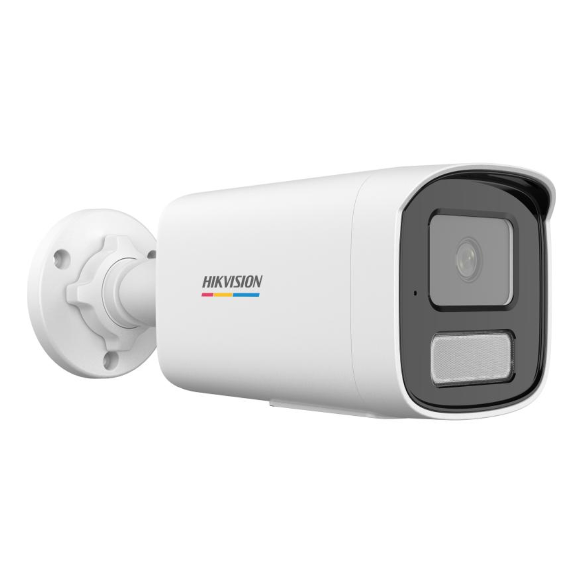 Eine weiße Überwachungskamera mit schwarzem Objektiv und dem Wort HIKVISION darauf.
