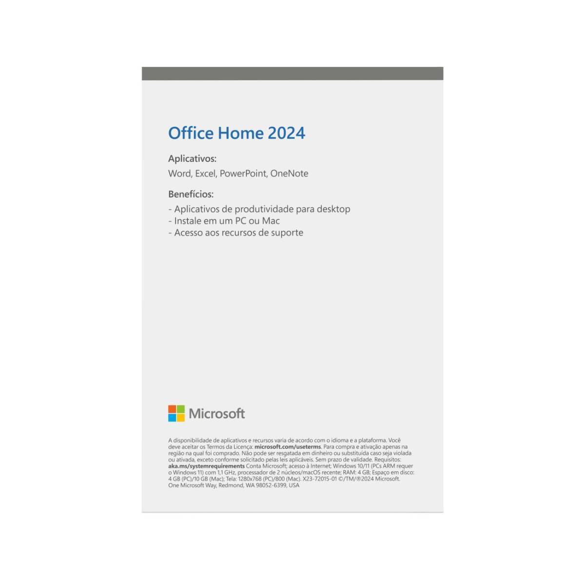 Un foglio con i dettagli di Microsoft Office Home 2024. Ha testo, il logo Microsoft e un grafico.