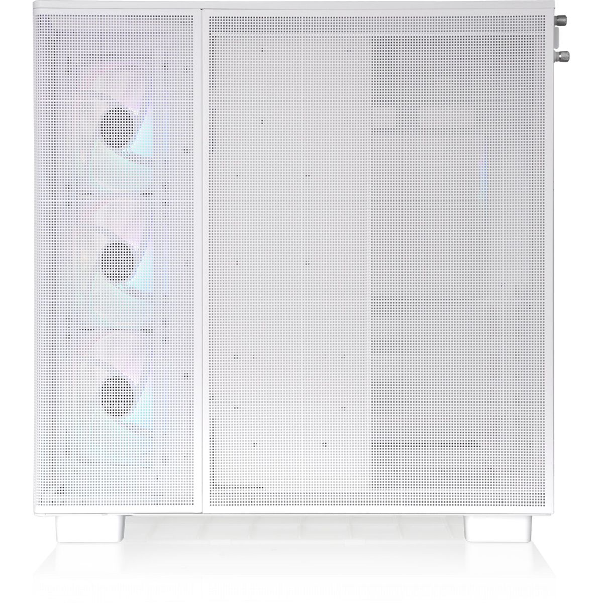 White computer case side panel with fans. Multi-colored lights. White background.