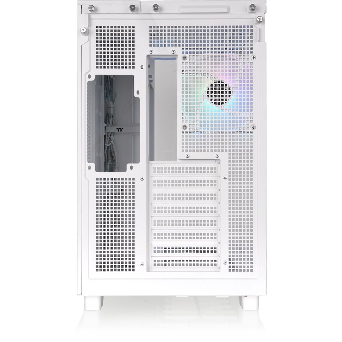 White computer case interior. It has a fan with colorful lights.