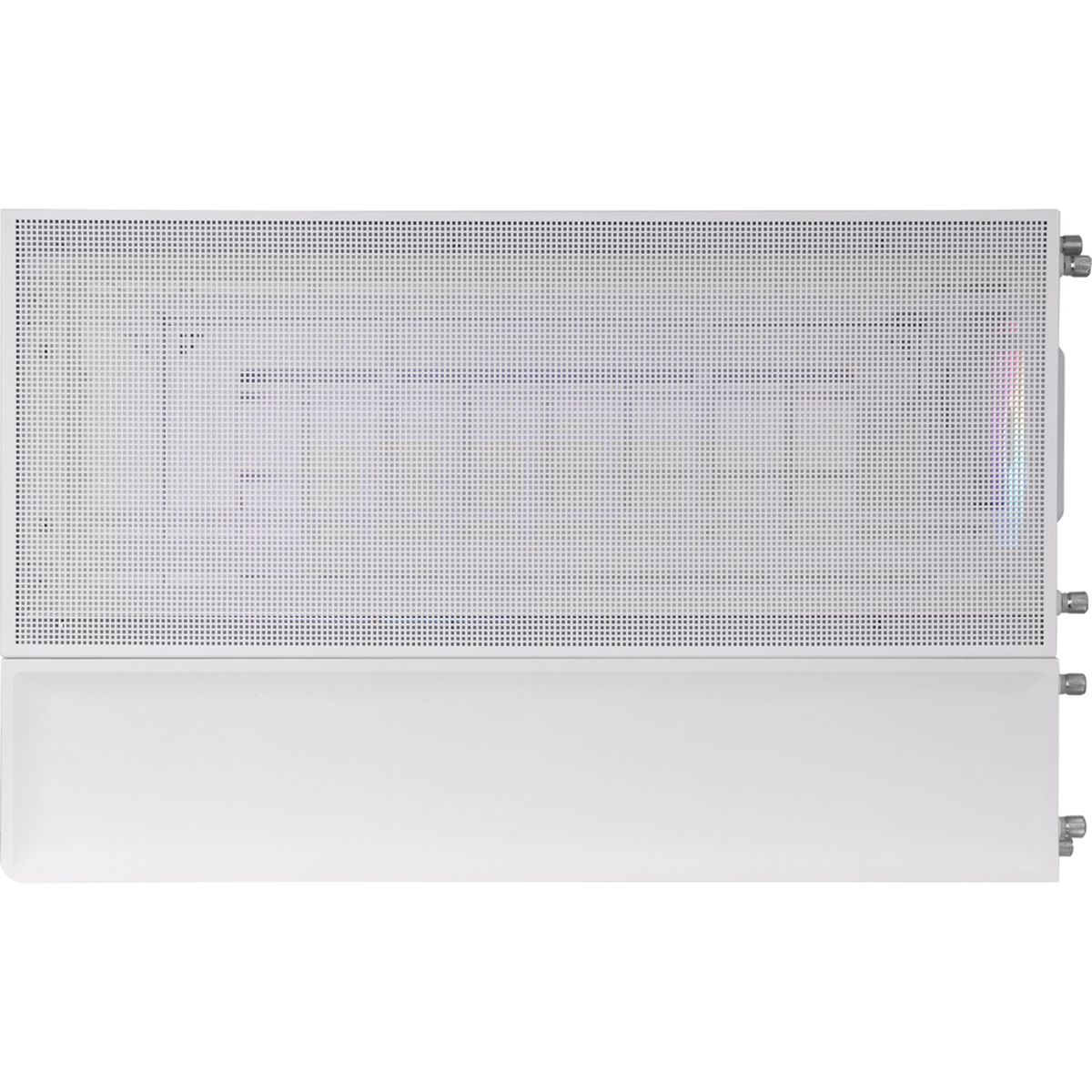 White computer case back panel with perforated holes. White background. Multi-colored lights are visible.