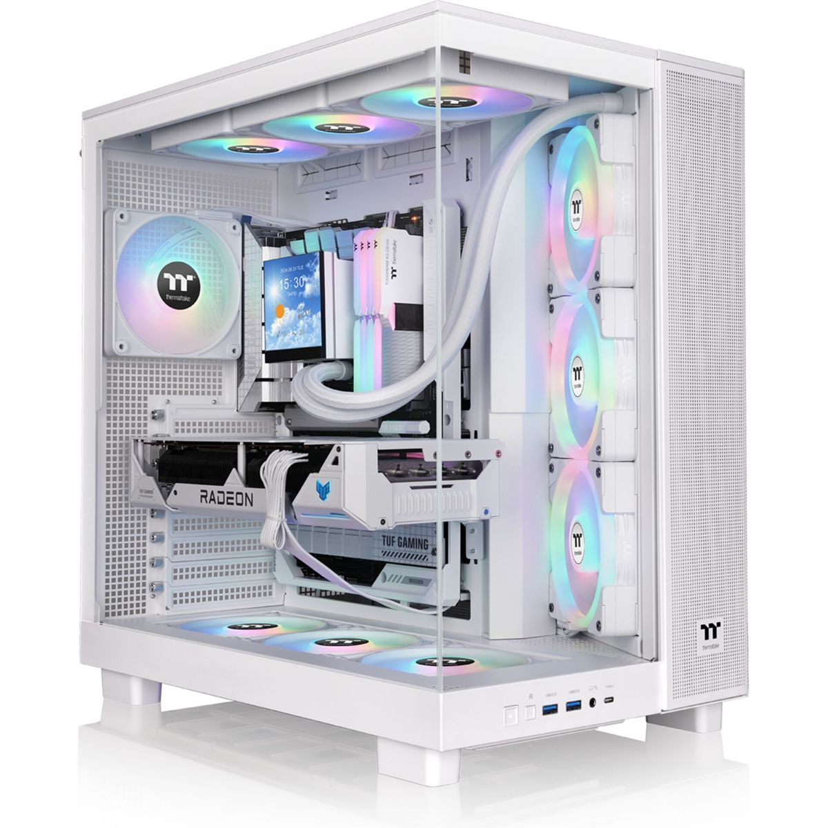 White computer case with internal components and fans. Rainbow lights. White background.