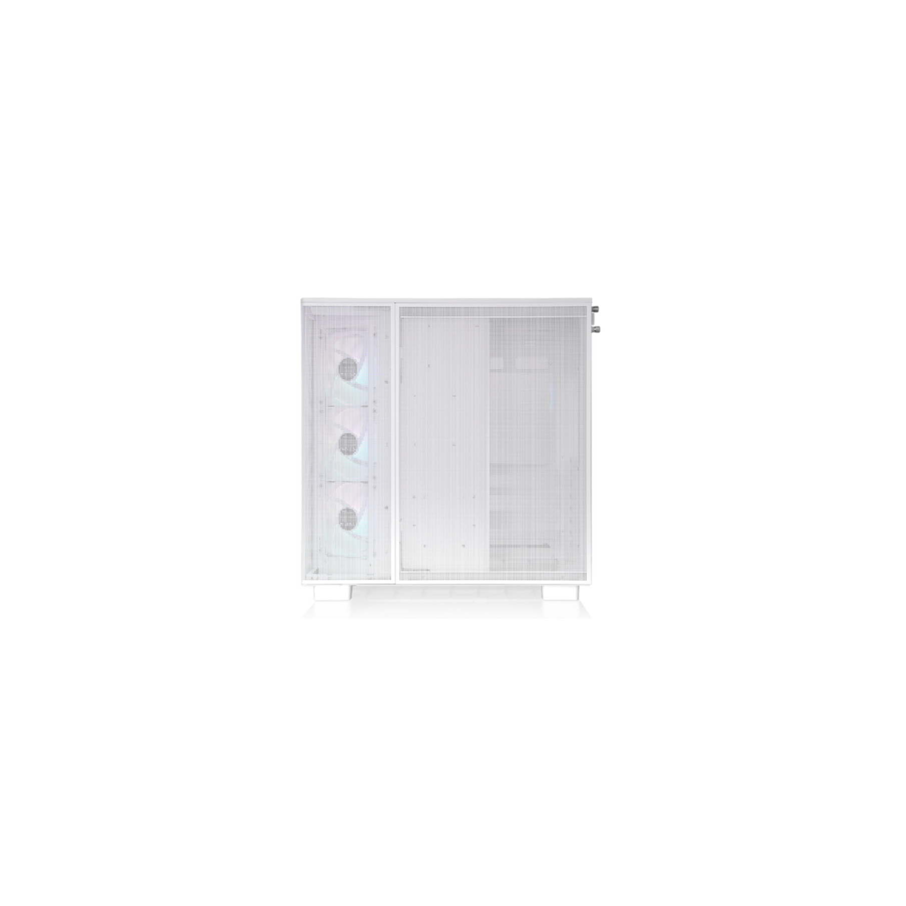 White computer case with fans. Three fans. White background.