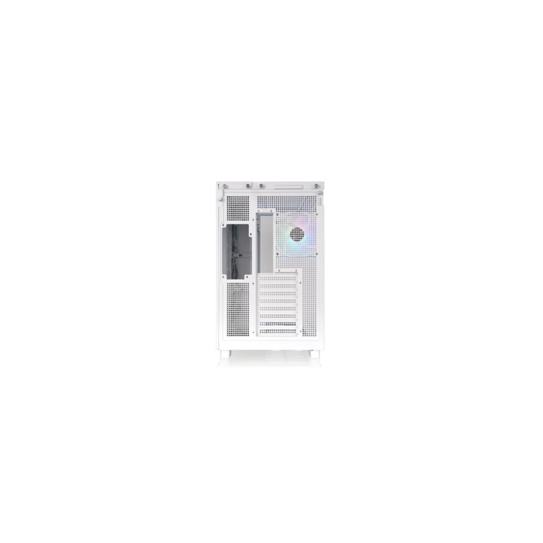 White computer case back. Perforated and has a fan. White background.