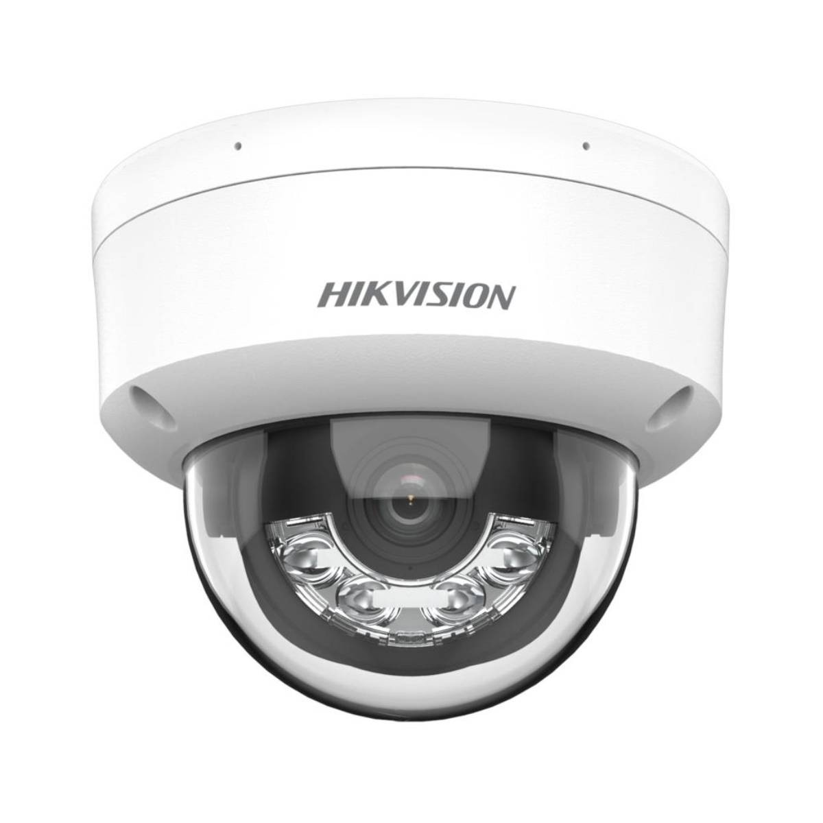 Een witte, koepelvormige Hikvision beveiligingscamera met een zwarte lens.
