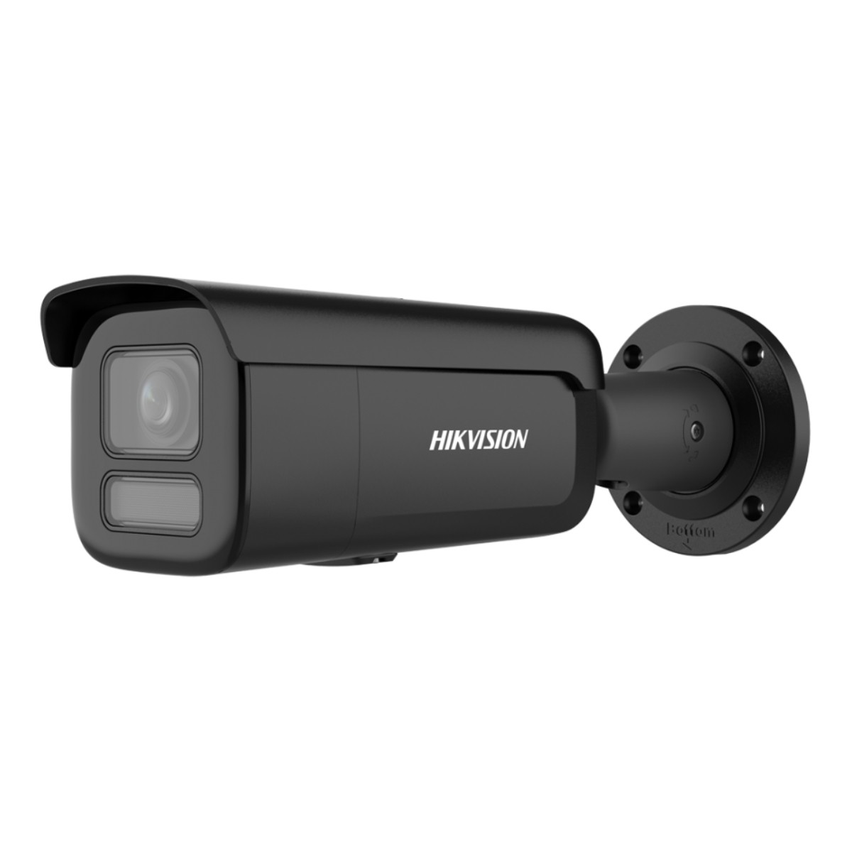 Telecamera di sicurezza HIKVISION nera, montata su una base circolare. Fotocamera leggermente angolata, che mostra l'obiettivo.