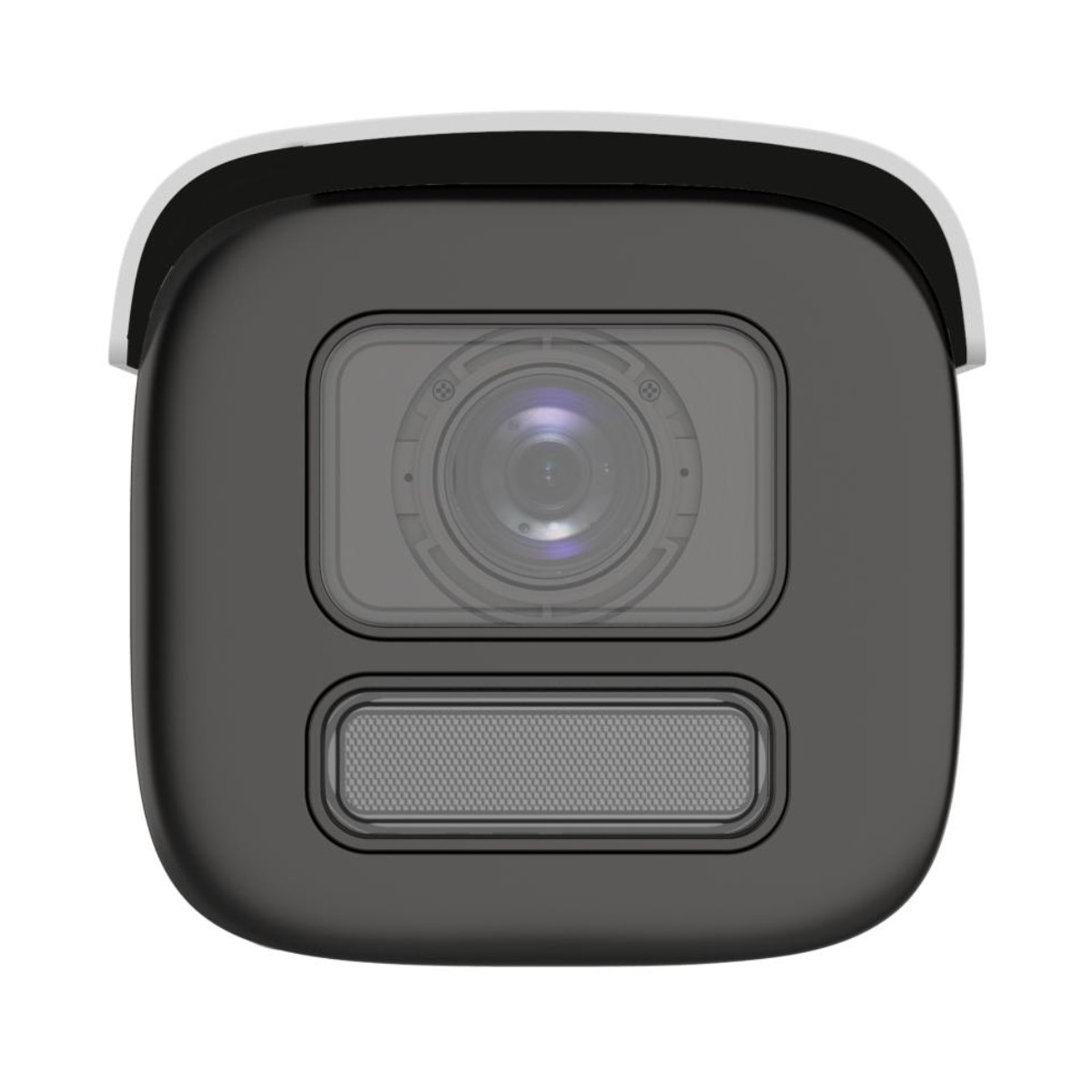 Zbliżenie czarnej kamery bezpieczeństwa z obiektywem i głośnikiem. Jest zamontowana na białej powierzchni.