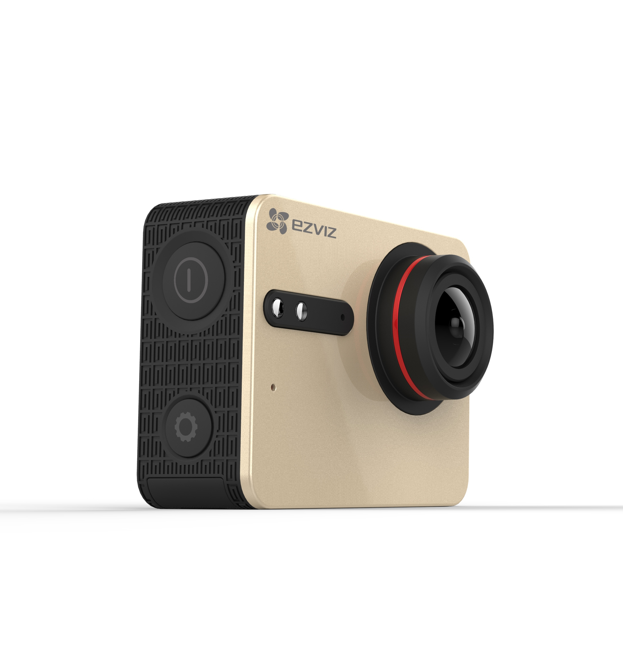 Goldene EZVIZ Action-Kamera. Schwarze Details, roter Objektivring. Power- und Einstelltasten.
