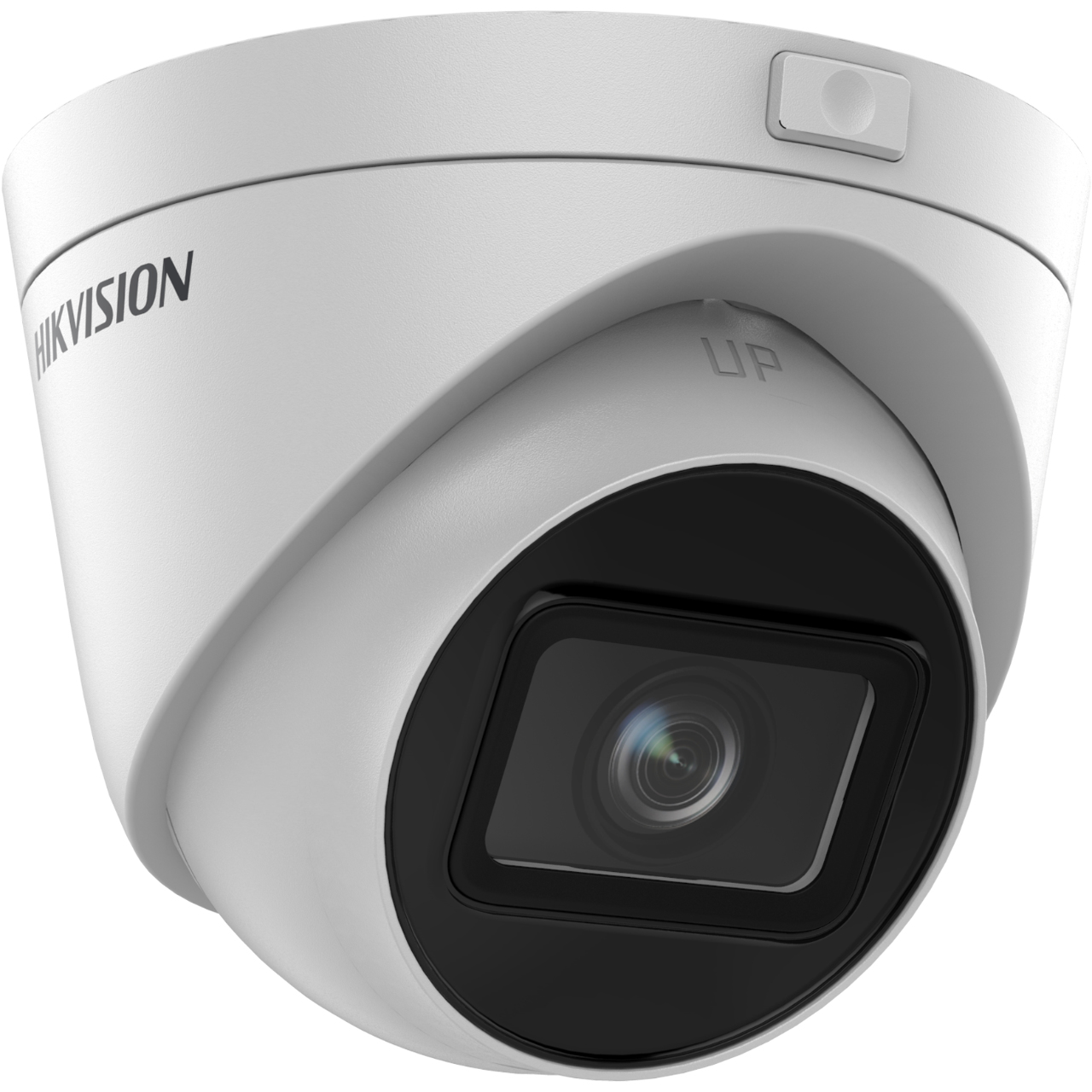 White security camera with a black lens. The word "HIKVISION" is on it.
