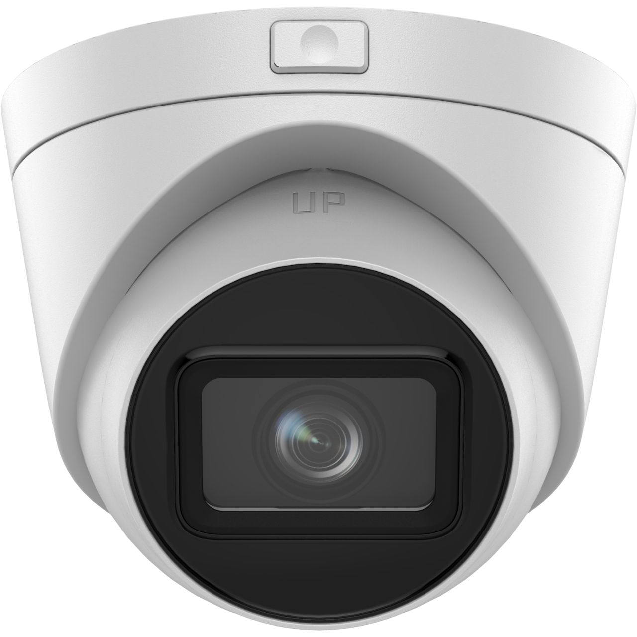 White security camera with a black lens. The word "UP" is on it.