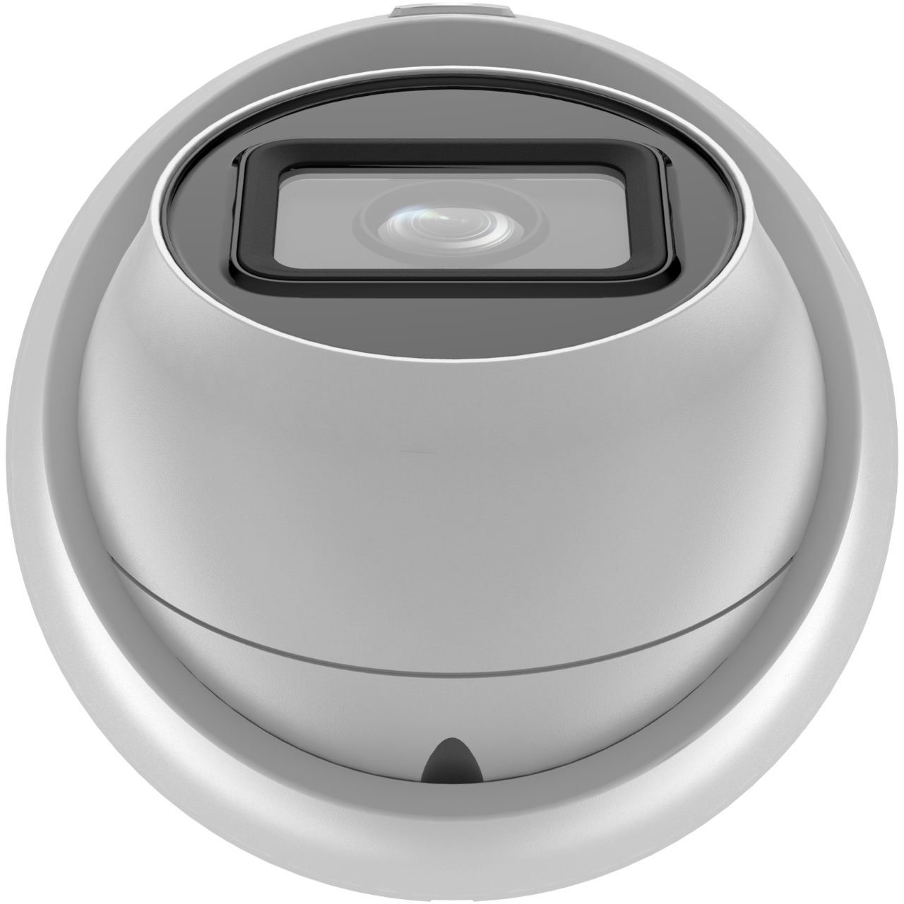 White security camera with a black lens. It has a rounded shape.
