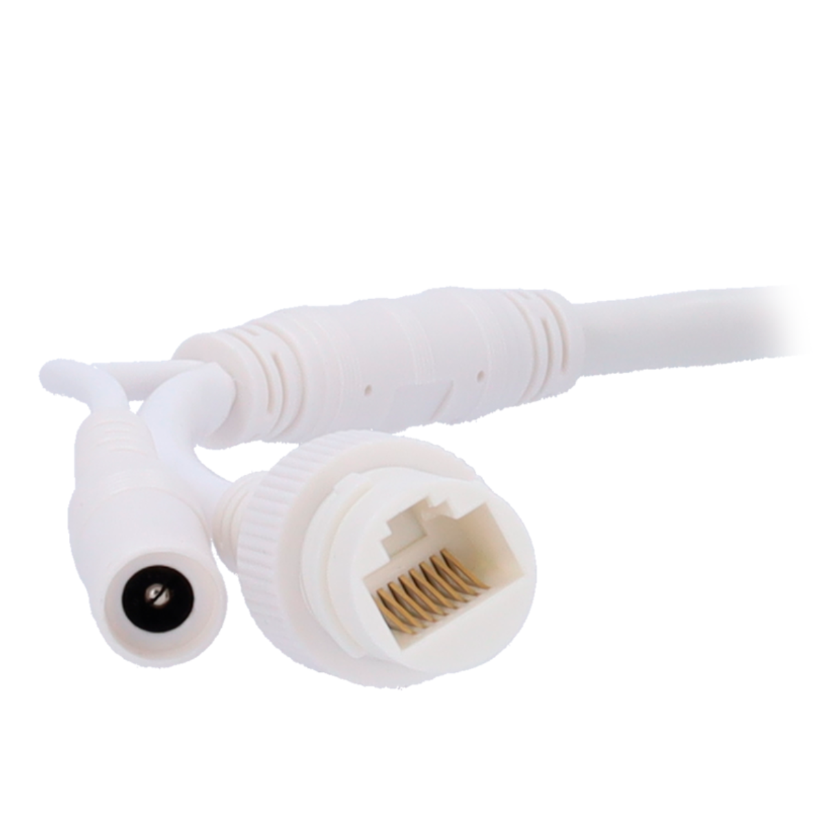 White and black cable with two ends. One end has a round connector, the other has a small plug.