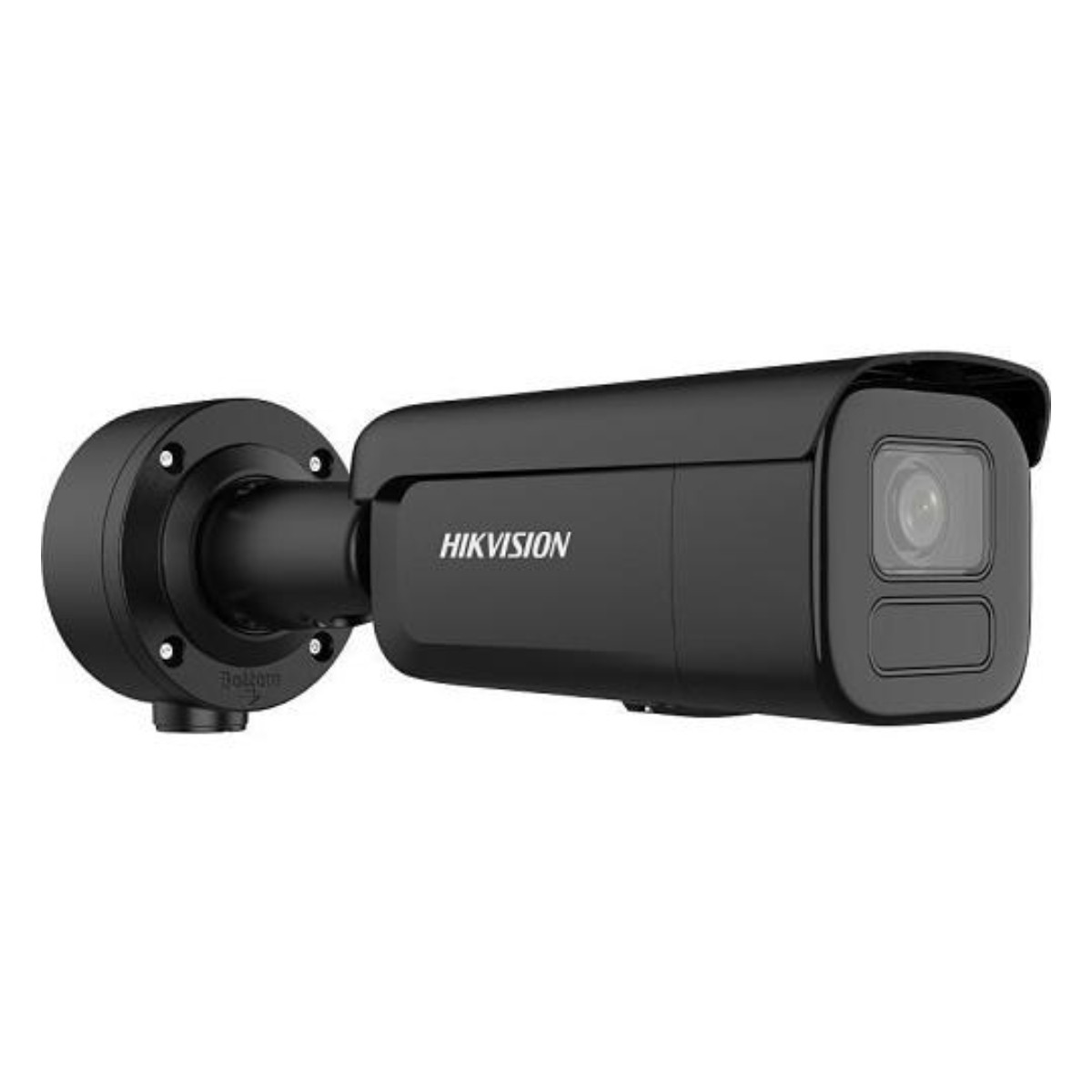 Telecamera di sicurezza Hikvision nera montata su una parete.