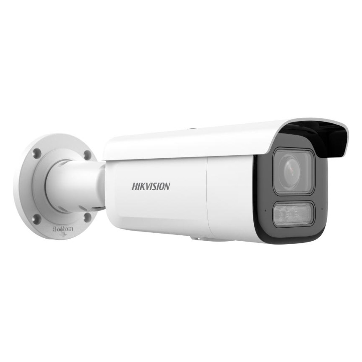 Biała kamera bezpieczeństwa Hikvision zamontowana na ścianie.