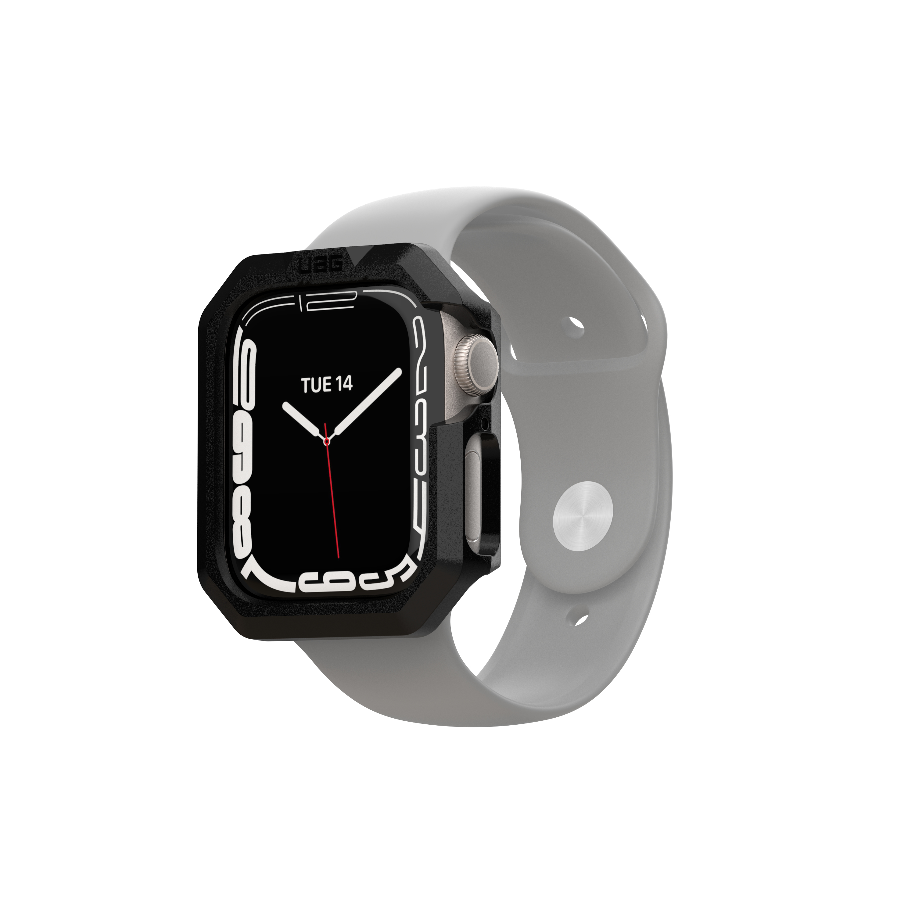 Apple Watch nera con protezione nera e cinturino grigio. Lo schermo mostra Martedì 14.