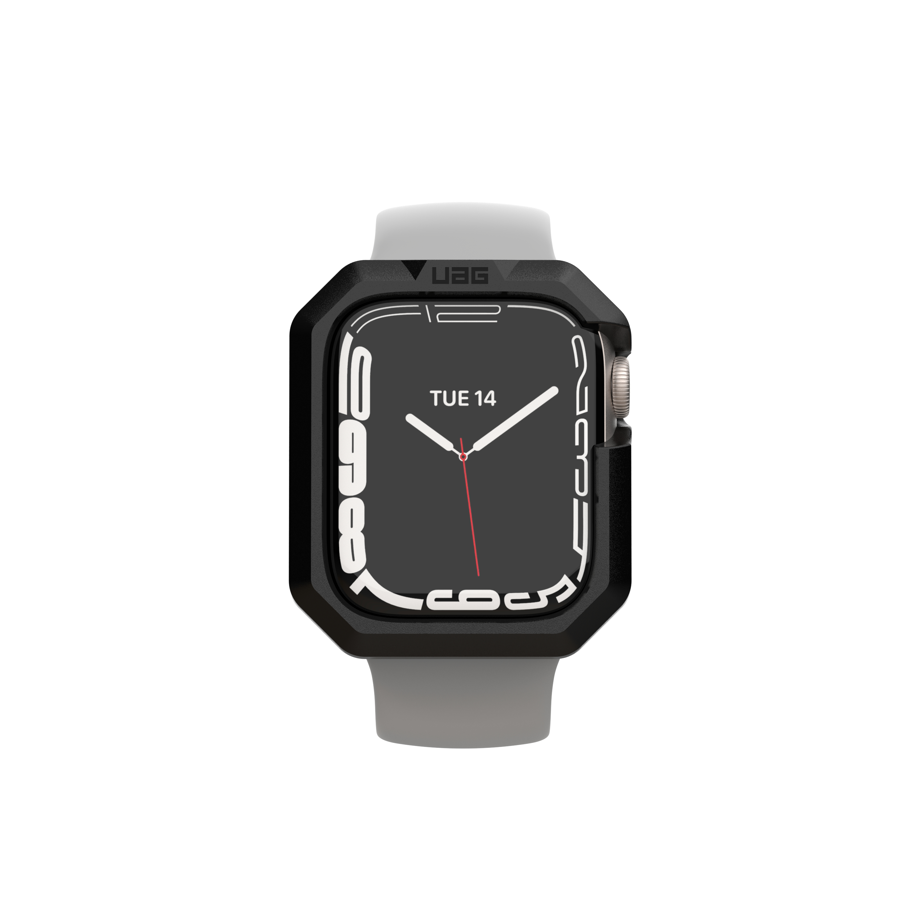 Apple Watch nera con protezione nera e cinturino grigio. Lo schermo mostra Martedì 14.