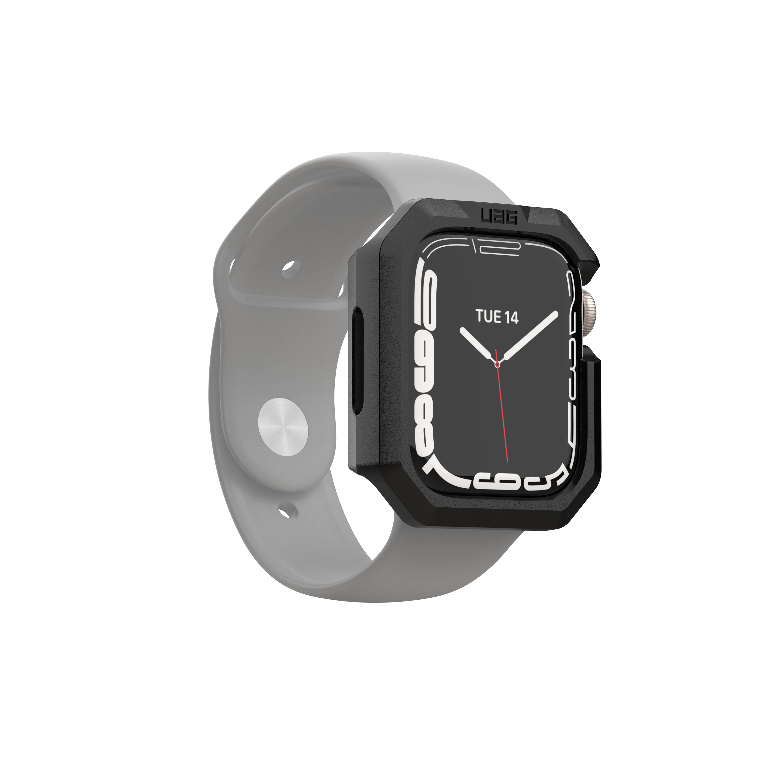 Smartwatch nero e grigio con cassa nera e cinturino grigio chiaro, sfondo bianco.