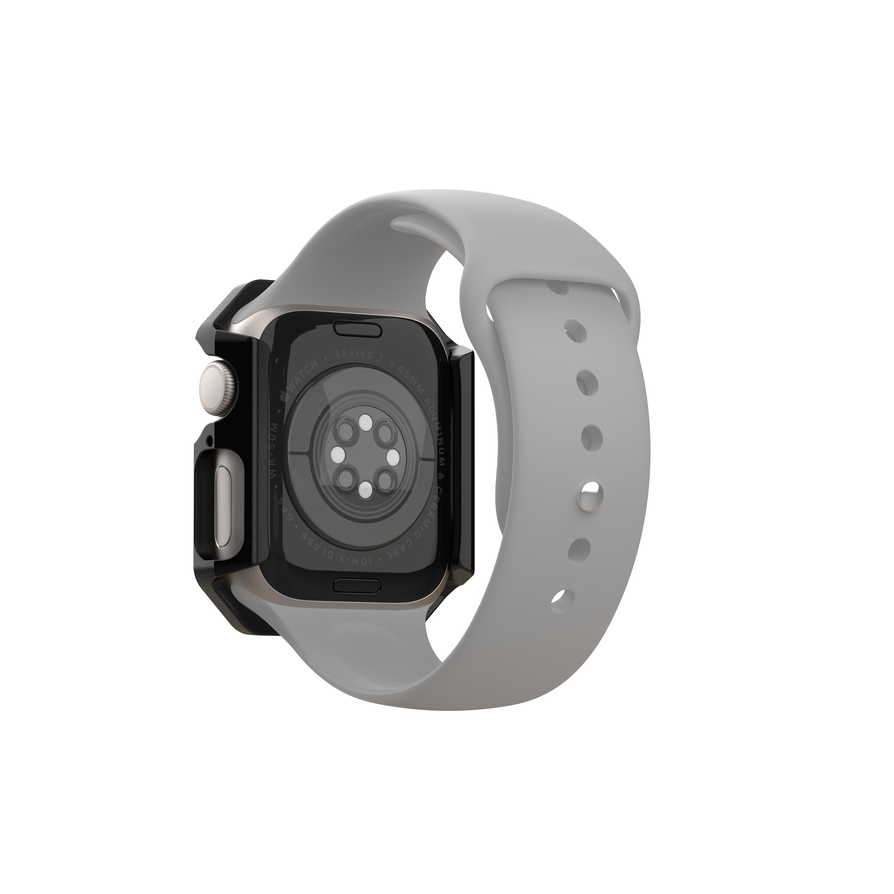 Apple Watch nera su cinturino grigio, retro con sensori. Sfondo bianco.