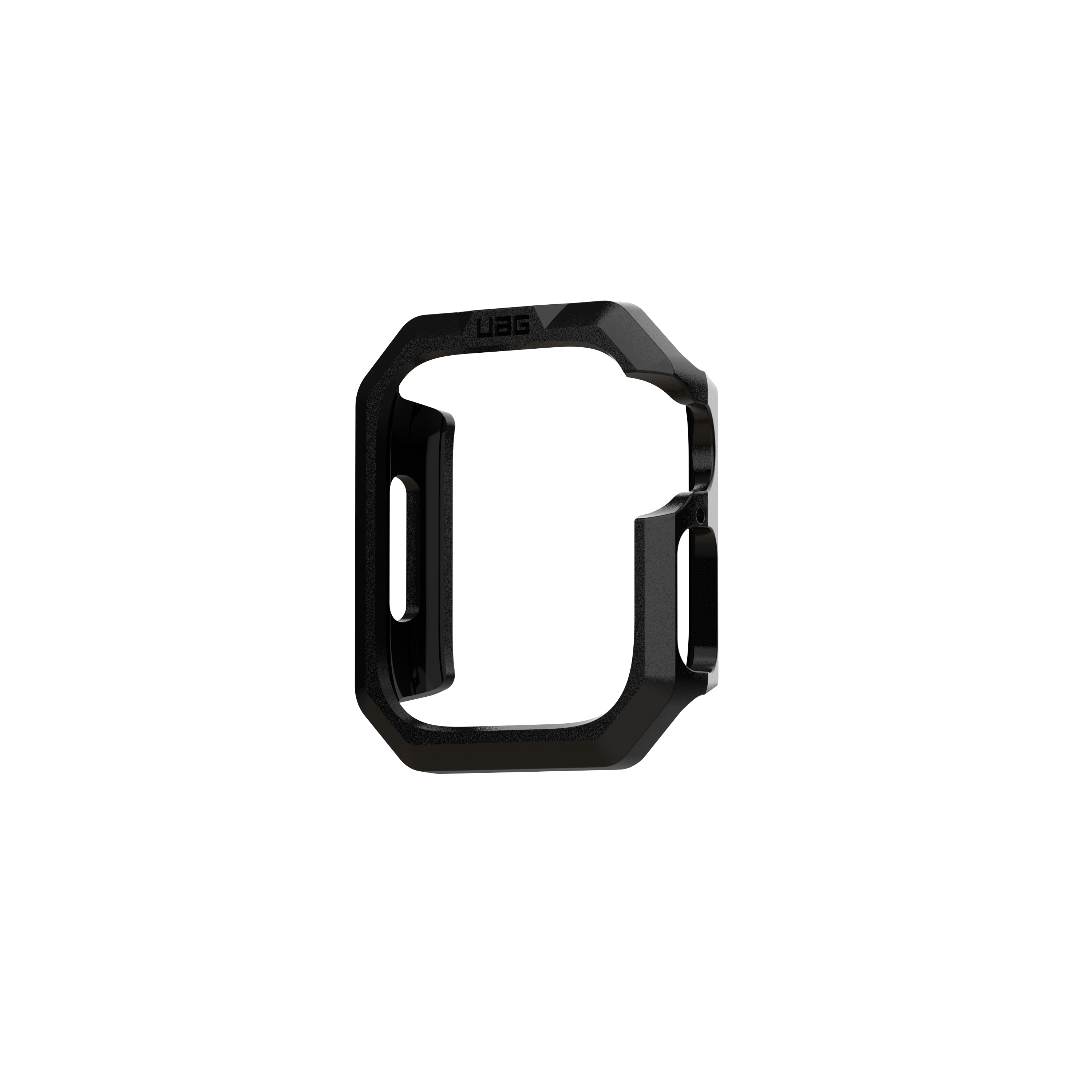 Custodia per orologio nera, marchio UAG, con forma quadrata e centro aperto, sfondo bianco.