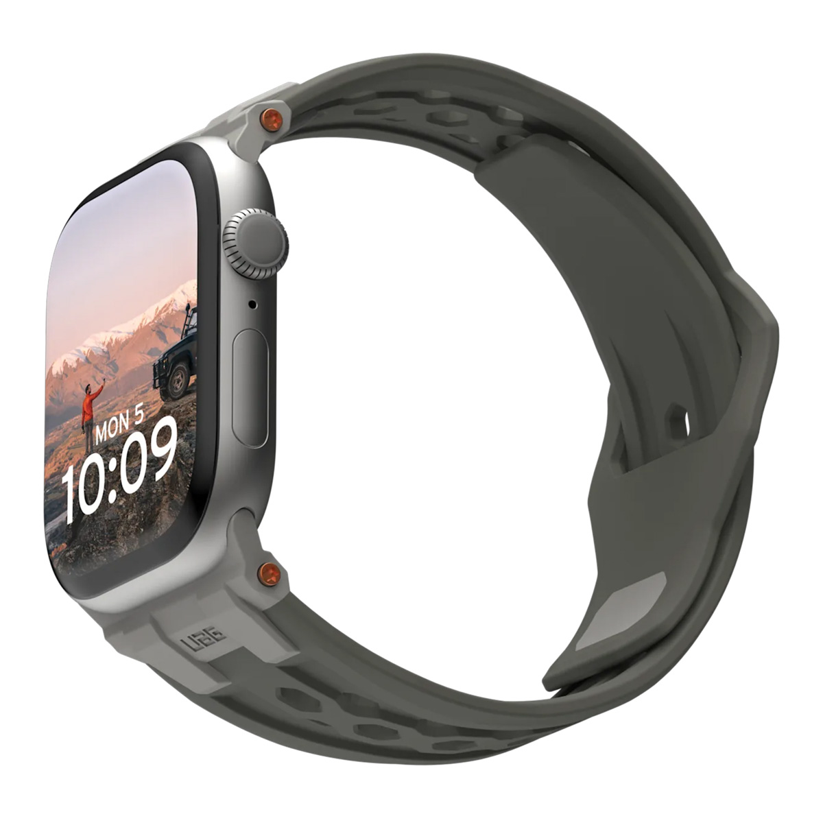 Srebrny smartwatch z ciemnoszarym paskiem. Wyświetla krajobraz i godzinę.